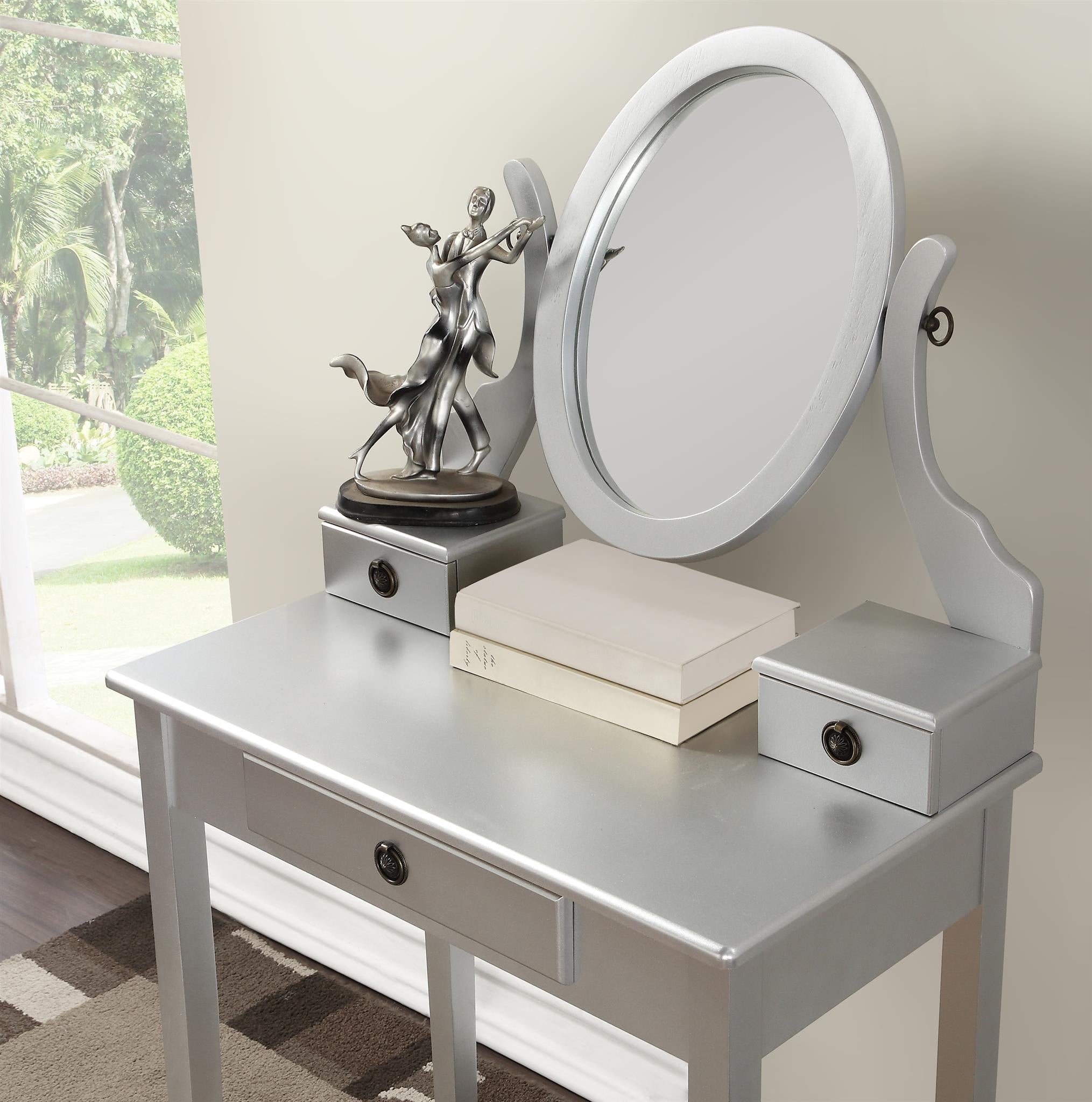 Roundhill Furniture Moniya Wood Makeup Vanity Table and Stool Set with Mirror, Silver - Elegant Dressing Table for Bedroom, Bathroom & Beauty Salon