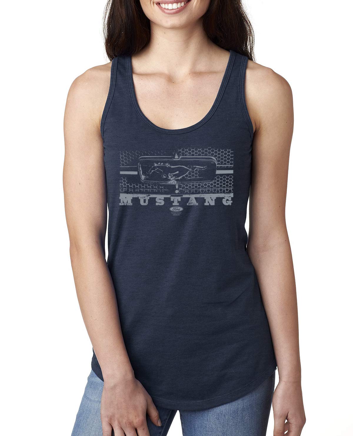 Vintage Ford Mustang Silver Honeycomb Grill Distressed Design Women's Racerback Tank Top - Perfect for Car Enthusiasts, Casual Wear & Summer Outfits