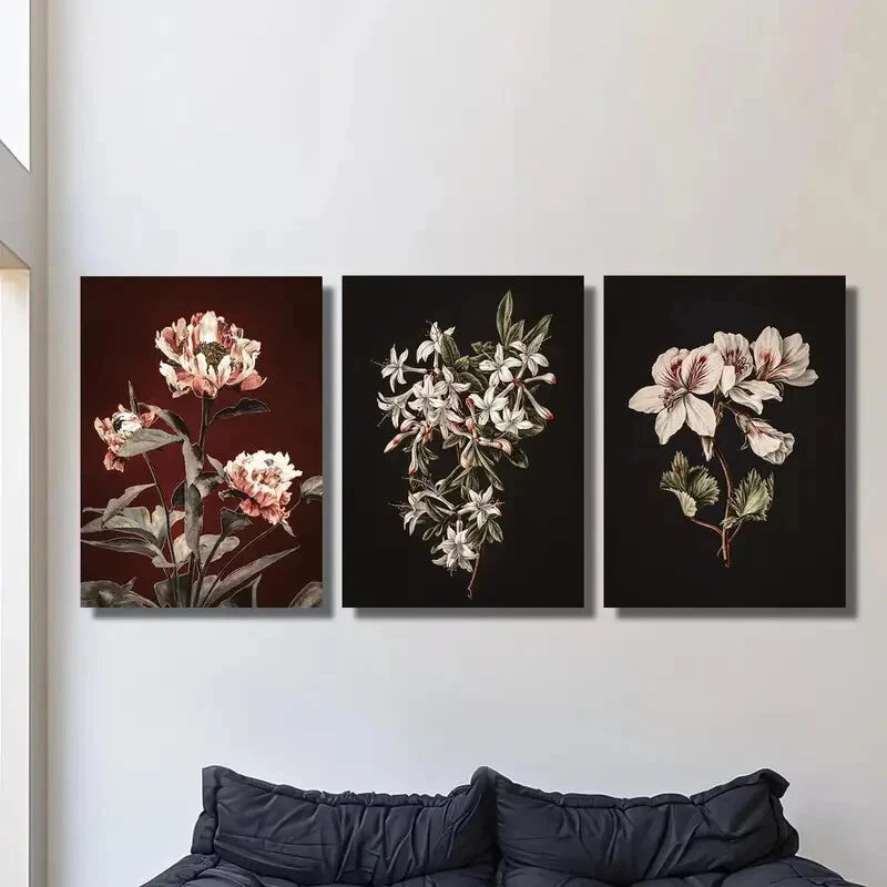 3-Piece Botanical Flower Artwork Set - Metal Wall Prints Ready to Hang - Nature Inspired Home Decor for Living Room, Bedroom & Office
