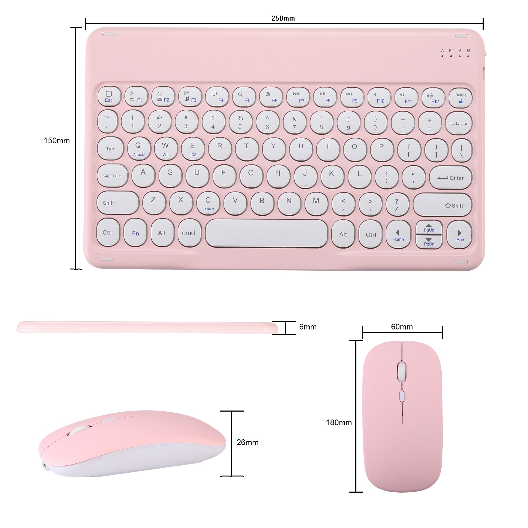 Ultra Slim Retro Bluetooth Keyboard and Mouse Combo - Compact Rechargeable Wireless Keyboard & Mouse for iPad, iPhone, Android, Windows Tablet & Smartphone (Pink) | Perfect for Home Office, Travel & Remote Work