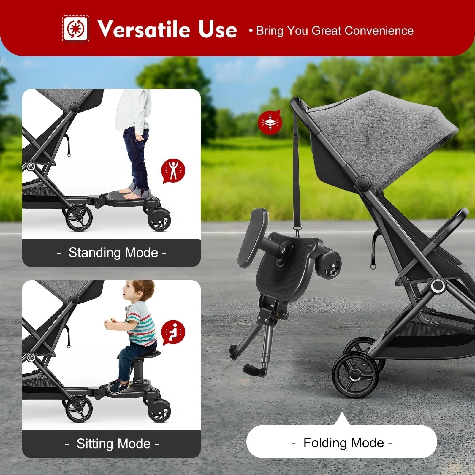 Universal 2-in-1 Stroller Board with Detachable Seat - Standing Ride-On Platform for Toddlers | Compatible with Most Strollers | Perfect for Shopping, Travel & Family Outings