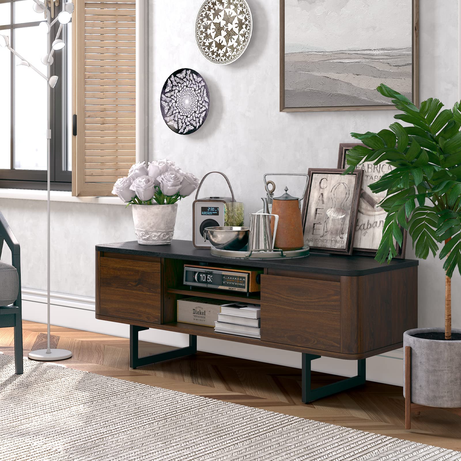 Tangkula 55 Inch TV Stand with Metal Base & 2-Door Storage - Wooden Media Console with Adjustable Shelf & Cable Management - Entertainment Center for Living Room, Bedroom - Brown (Perfect for Home Theater Setup & Living Room Organization)