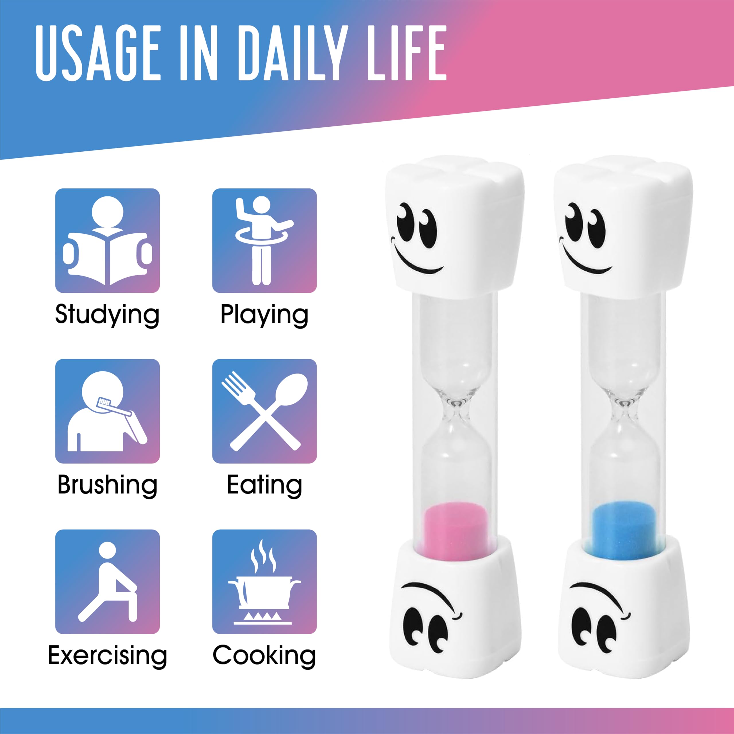 2 Minute Toothbrush Sand Timer for Kids - Set of 2 Small Blue and Pink Smiley Hourglass | Fun Dental Hygiene Timer for Brushing Teeth | Perfect Bathroom Decor & Kids' Oral Care Tool