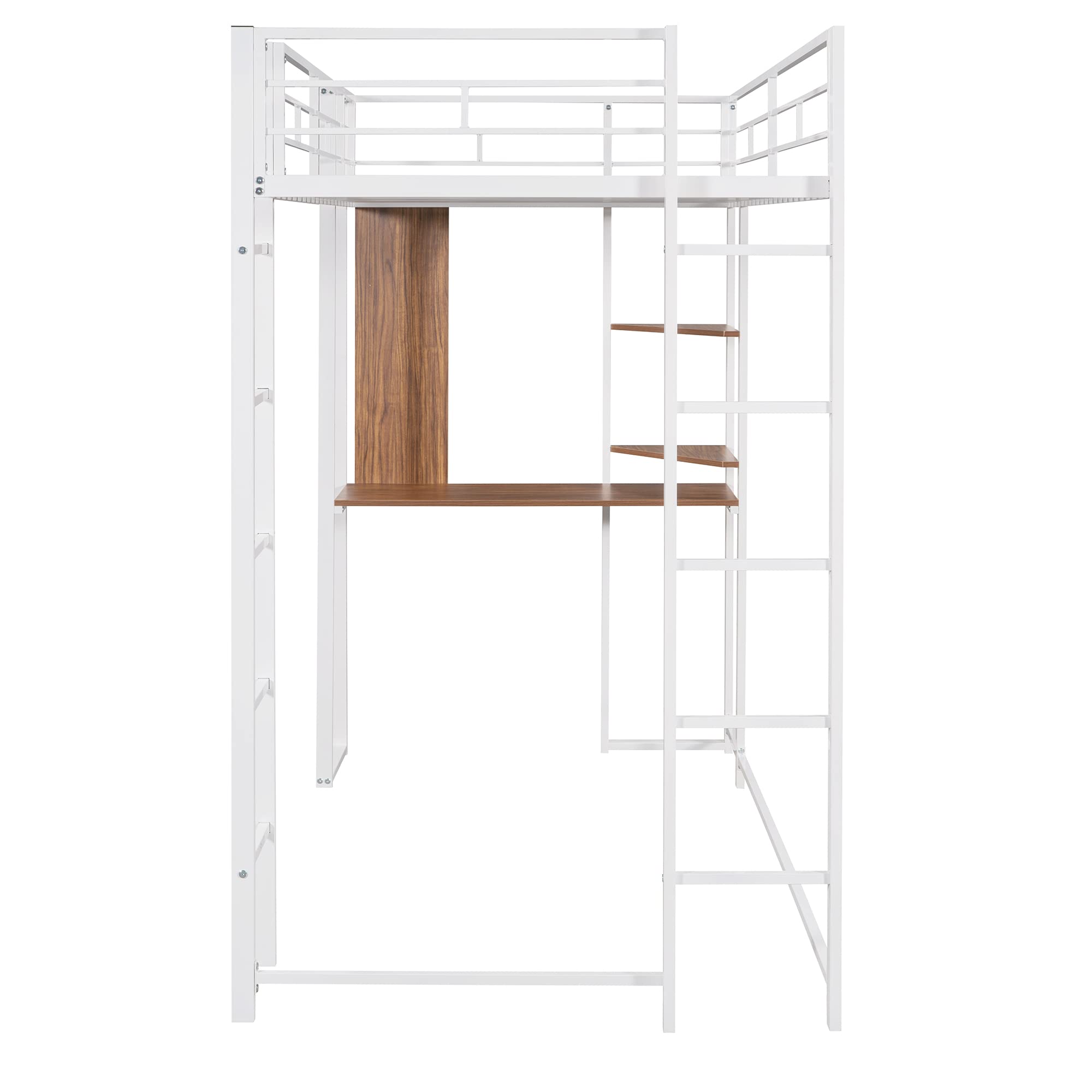 Twin Size Metal Loft Bed with Built-in Desk & Shelves - Space Saving Study Bed for Kids, Teens & Adults - Perfect for Small Bedrooms, Dorms & Apartments (White)