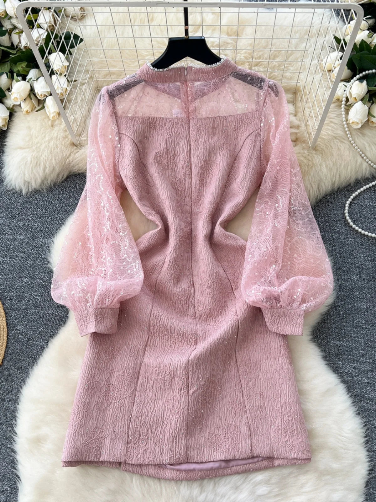 Elegant Chinese Style Retro Long Sleeve Sequin Lace Party Dress for Women - Pink Patchwork Short Evening Gown for Autumn 2024 | Perfect for Cocktail Parties, Weddings & Special Occasions