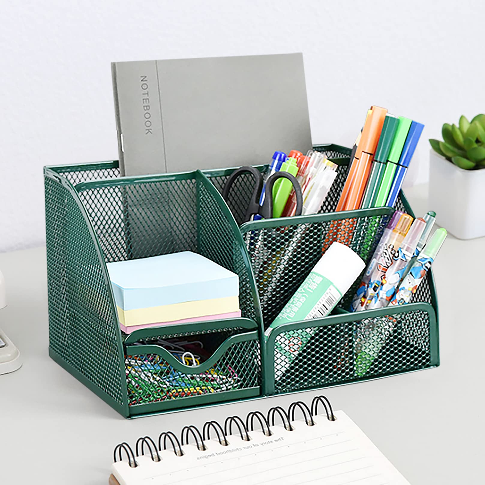 VANRA Metal Mesh Desktop Organizer with 6 Compartments & Drawer - Office & School Supplies Holder - Perfect for Pens, Pencils, Scissors & Stationery Storage (Olive Green) - Ideal for Home Office, Classroom & Workspace Organization