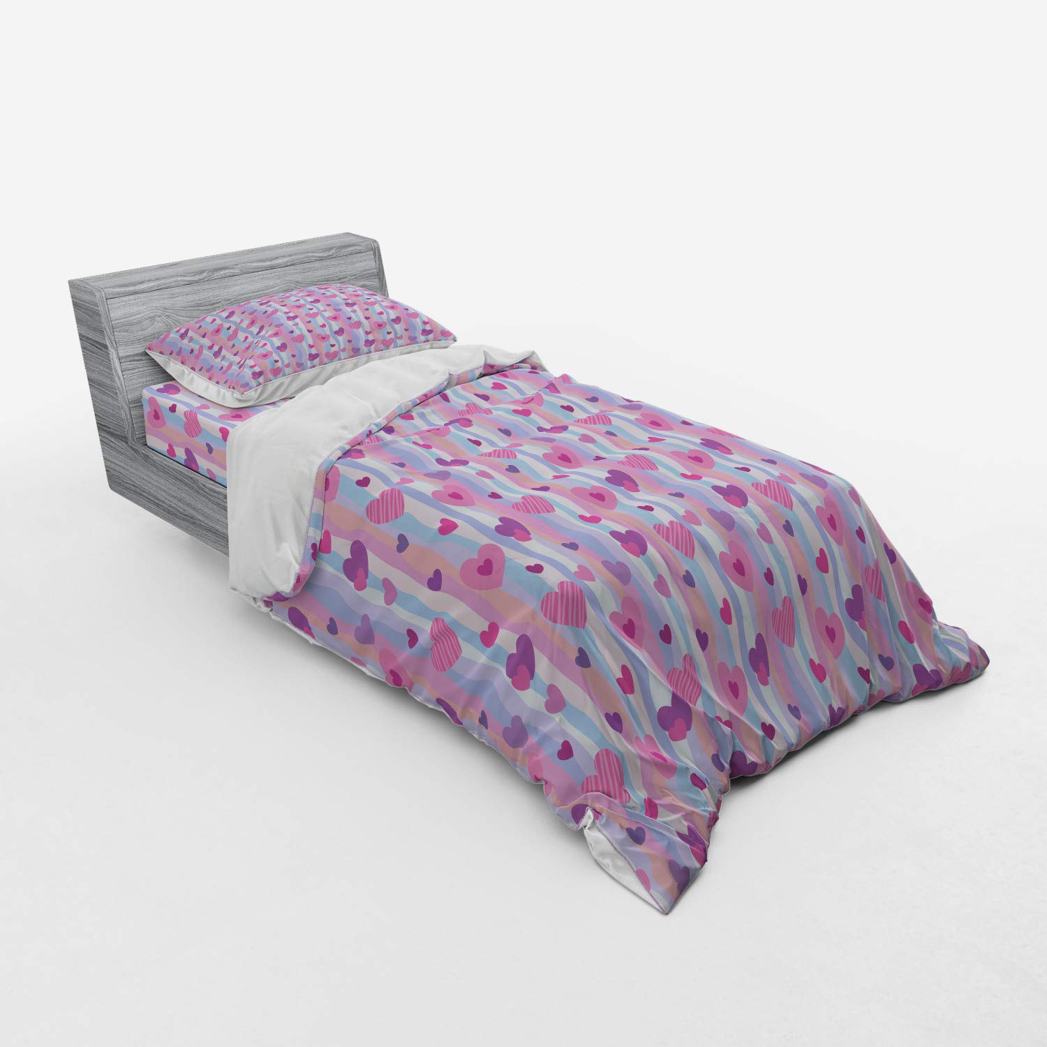 Ambesonne Love Hearts Bedding Set - 3 Piece Duvet Cover with Sham & Fitted Sheet, Twin XL Size, Pale Mauve Blue Purple Pink Stripes - Romantic Valentine's Wedding Decor for Couples Bedroom