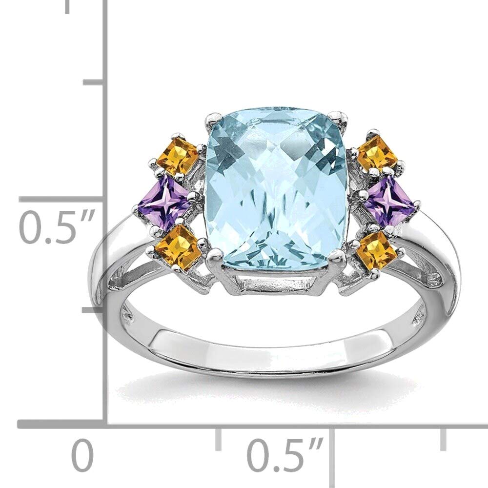 Sterling Silver Rhodium Ring with Swiss Blue, Amethyst & Citrine - Size 7 for Women's Fashion Jewelry