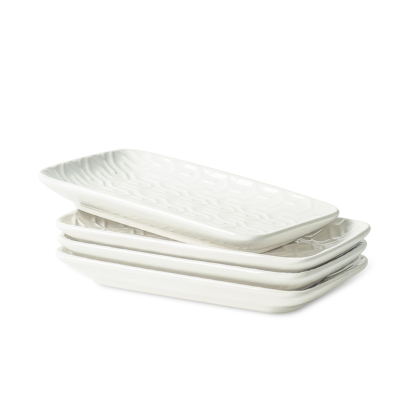 Sureasy 8 Inch Rectangular Ceramic Salad Plates - Set of 4 White Embossed Porcelain Appetizer Dishes for Dessert, Sushi & Small Serving | Perfect for Dinner Parties, Entertaining & Home Decor