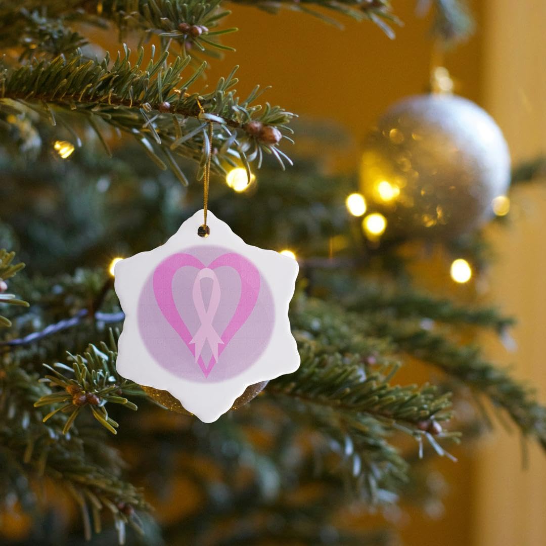 3-Inch Porcelain Snowflake Ornament - Pink Heart with Ribbon for Breast Cancer Awareness, Holiday & Christmas Tree Decoration - 3dRose orn_108975_1