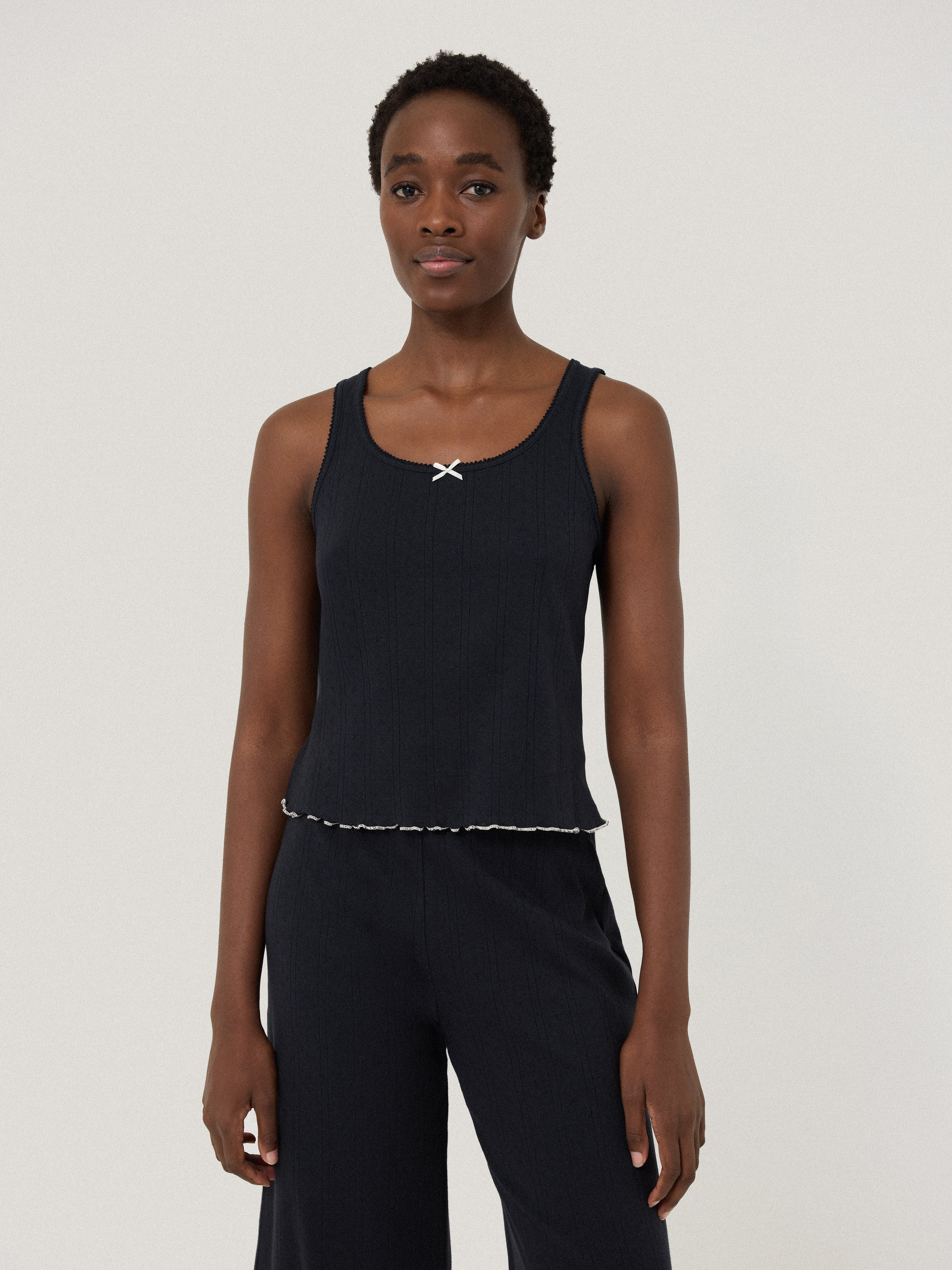 Pointelle Pajama Vest Top for Women - Soft & Comfortable Sleepwear - Navy Blue Loungewear for Relaxing at Home or Travel