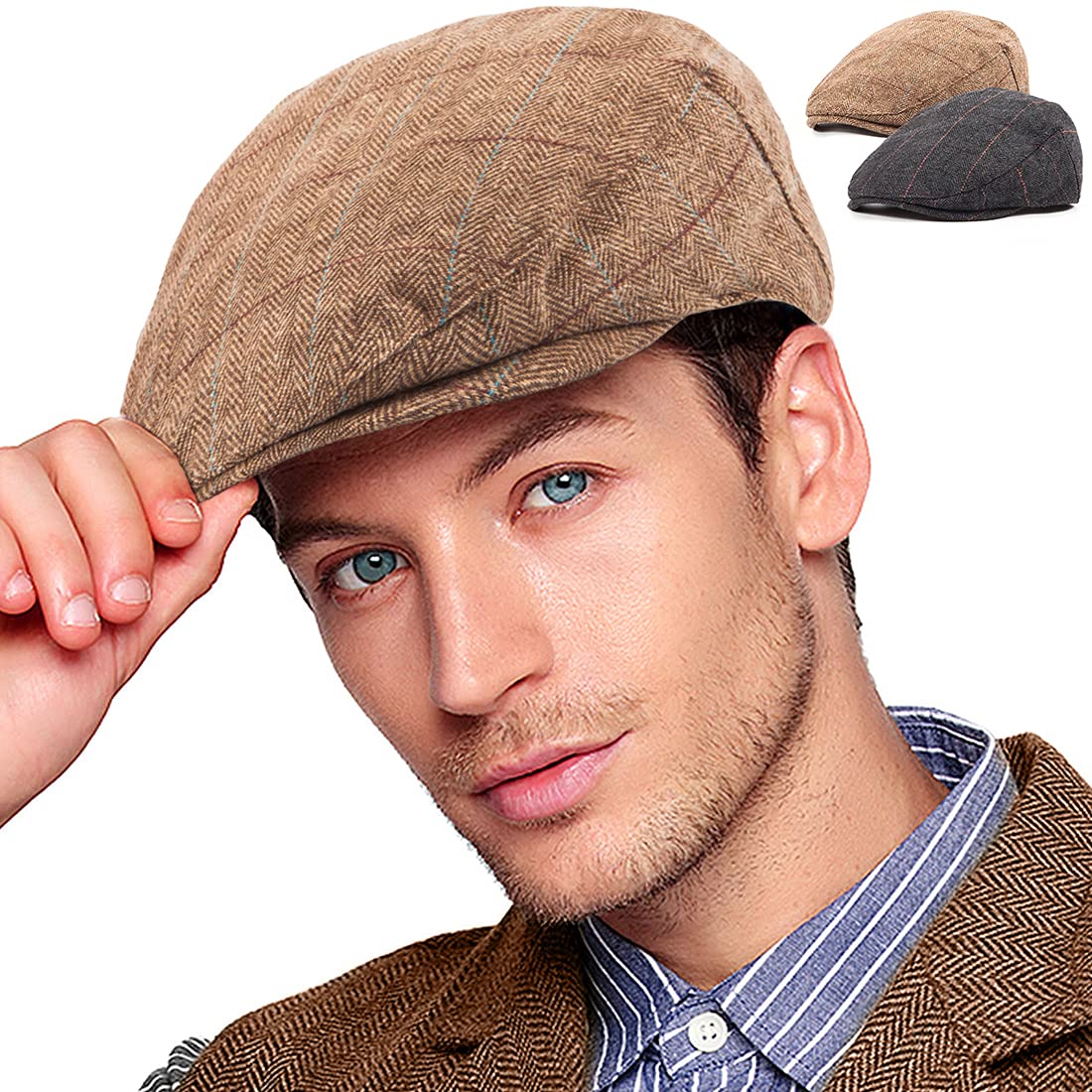 2 Pack Adjustable Newsboy Cap for Men - Wool Blend Tweed Flat Cap with Adjustable Strap | Vintage Irish Cabbie Style Hat for Casual Wear, Outdoor Activities & Costume Parties