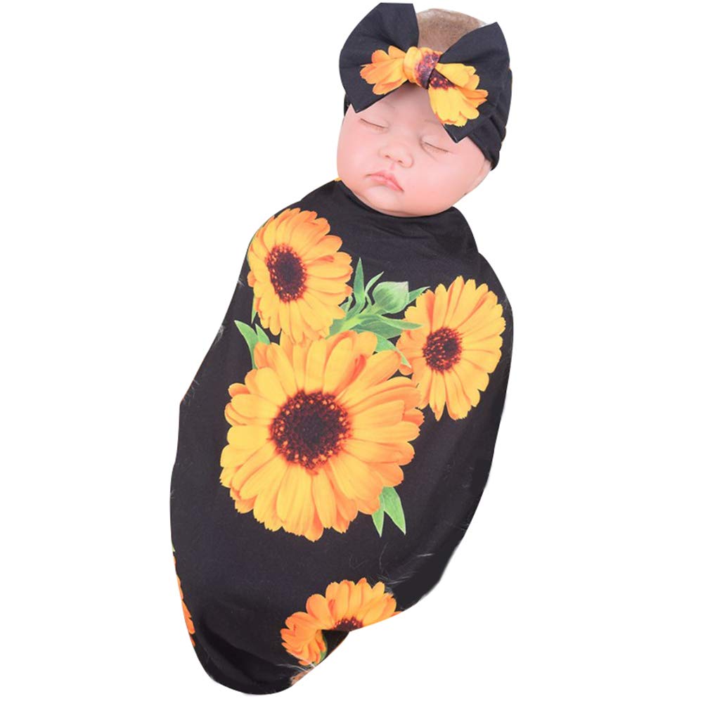 Newborn Baby Girl Receiving Blankets - Soft Sunflower Swaddling Wrap & Bow Headband Set (0-3 Months, Black) - Perfect for Baby Showers, Newborn Photography & Cozy Swaddling