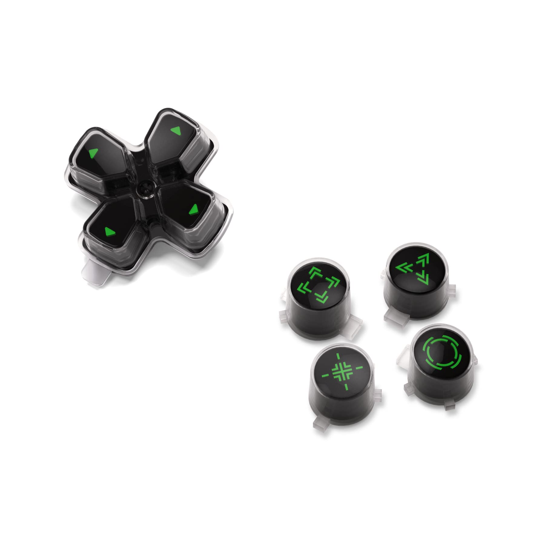 eXtremeRate Custom D-Pad Replacement Buttons for PS5 Controller - Black & Clear Three-Tone with Redesigned Green Symbols | Enhanced Gaming Performance for FPS, Fighting & Action Games