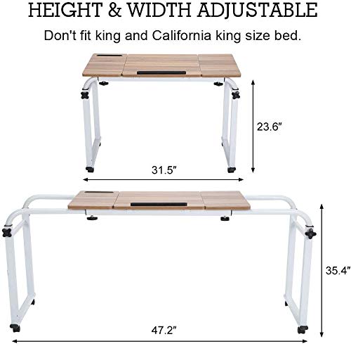 TOPINCN Adjustable Overbed Table with Wheels - Height Adjustable King/Queen Bedside Table, Tiltable Laptop Desk for Hospital, Home & Office Use - Mobile Computer Cart (31.5