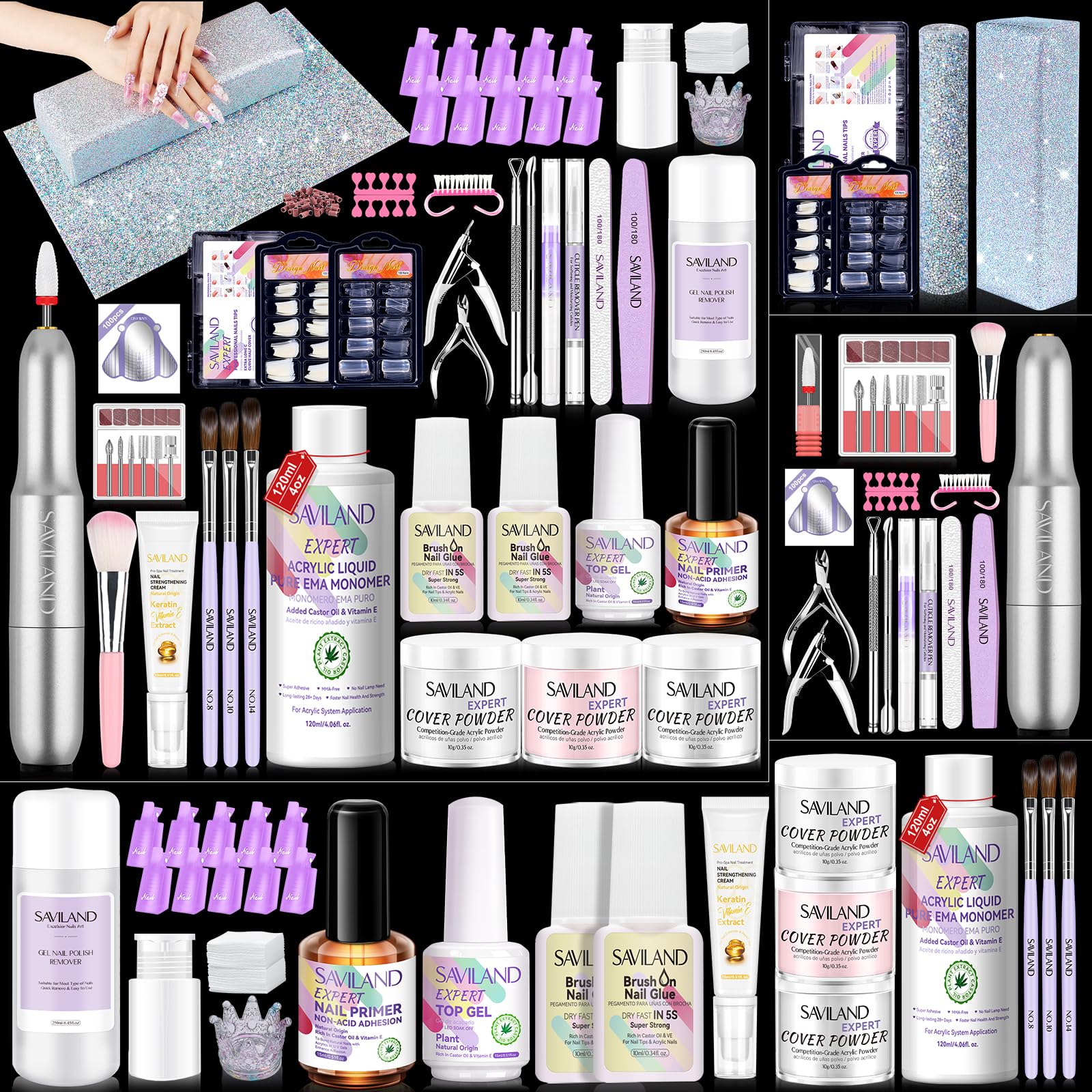 Saviland Acrylic Nail Kit for Beginners & Professionals - 4 Colors Non-Yellowing Acrylic Powder & Liquid Set with Nail Brush & Tips | DIY Salon-Quality Manicures at Home, Perfect for Nail Art & Extensions
