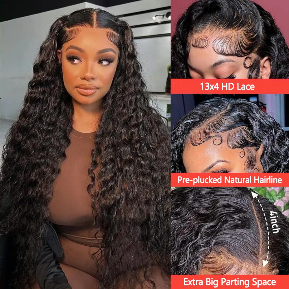 34 Inch 13x4 Deep Wave Lace Front Wig - 180% Density Glueless Human Hair Wig with Baby Hair & Pre-Plucked HD Lace Frontal | Natural Deep Curly Wigs for Women | Perfect for Daily Wear, Cosplay & Special Occasions