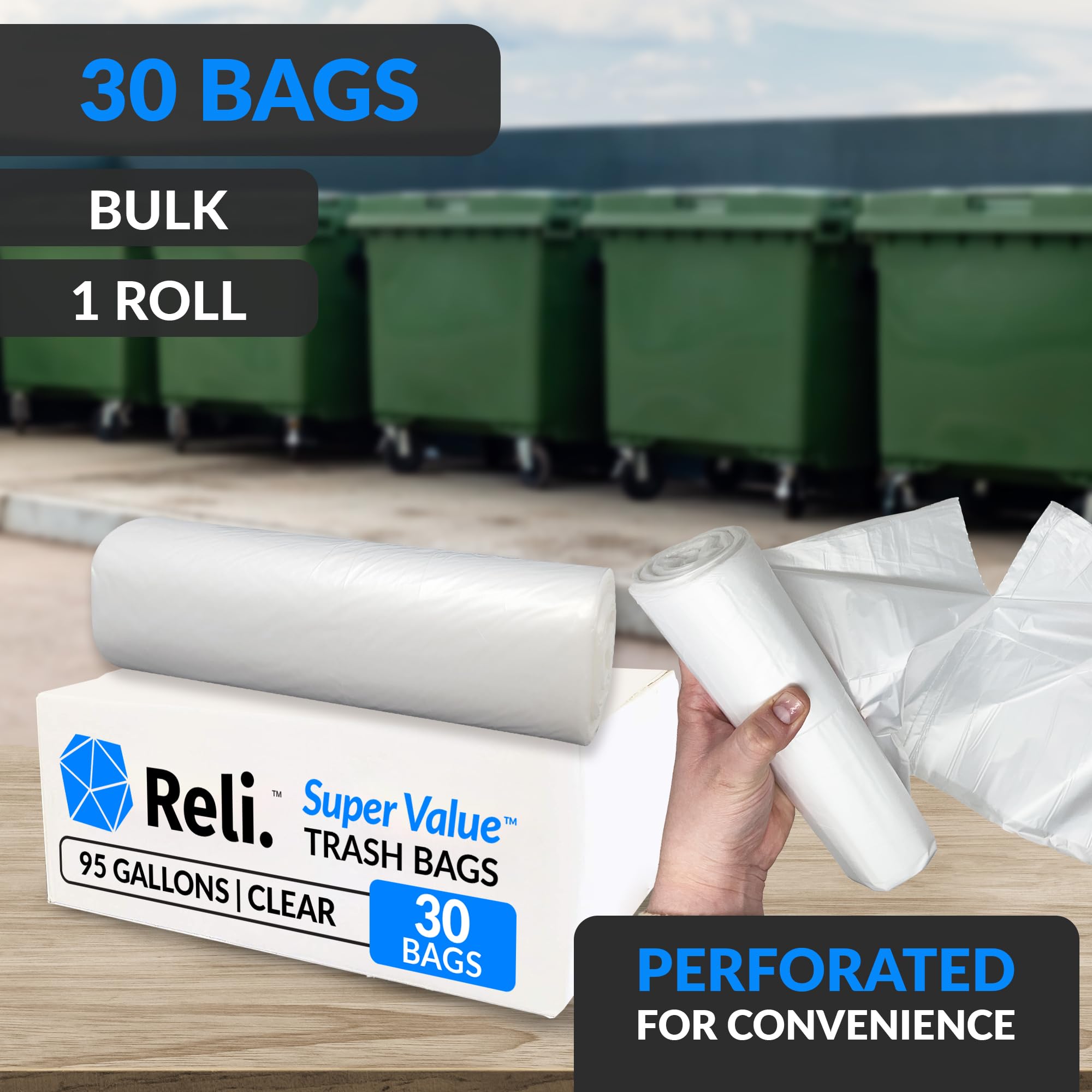 Reliable 95 Gallon Heavy Duty Trash Bags - 30 Count Super Size Clear Garbage Bags for Commercial & Home Use - Perfect for Construction Sites, Yard Waste & Large Cleanups