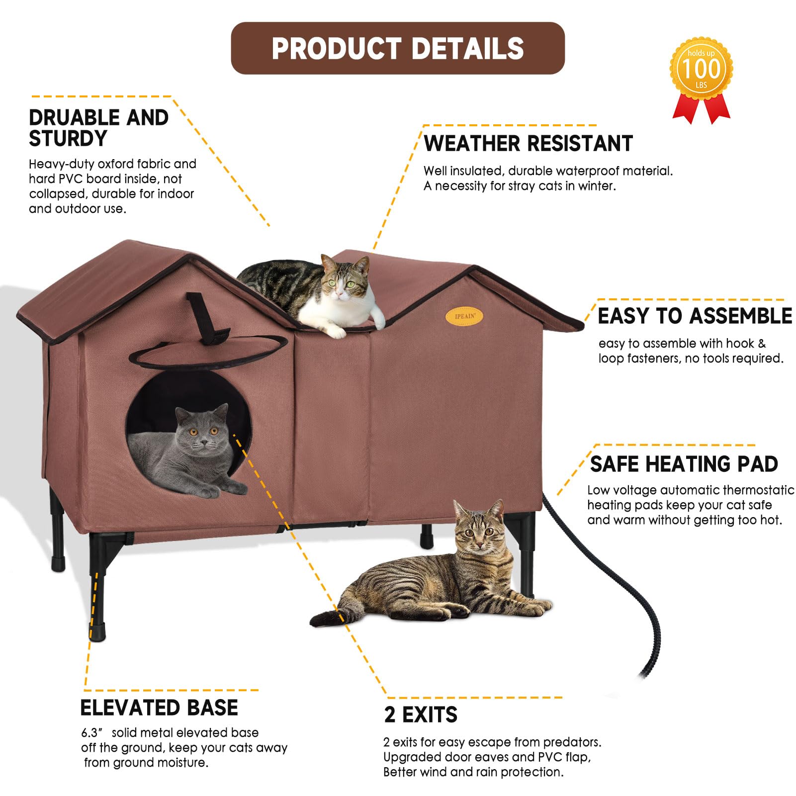 Premium Heated Outdoor Cat House for Winter - Extra Large Insulated Waterproof Shelter for Feral & Stray Cats - Weatherproof Multi-Cat Design (Tan) - Perfect for Backyards, Porches & Garages