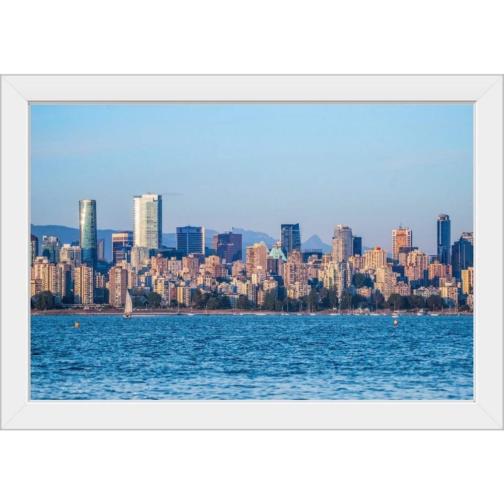 White Framed Art Print - Downtown & English Bay Beach Skyline Wall Decor | Modern Cityscape Artwork for Living Room, Office & Home Decor