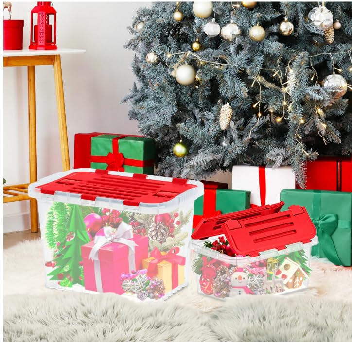 Superio 6-Pack Christmas Storage Boxes with Red Hinged Lids - 35 Quart Plastic Organizer Bins, Stackable BPA-Free Containers for Home, Office & Dorm - Perfect for Holiday Decorations, Gift Wrapping & Seasonal Organization