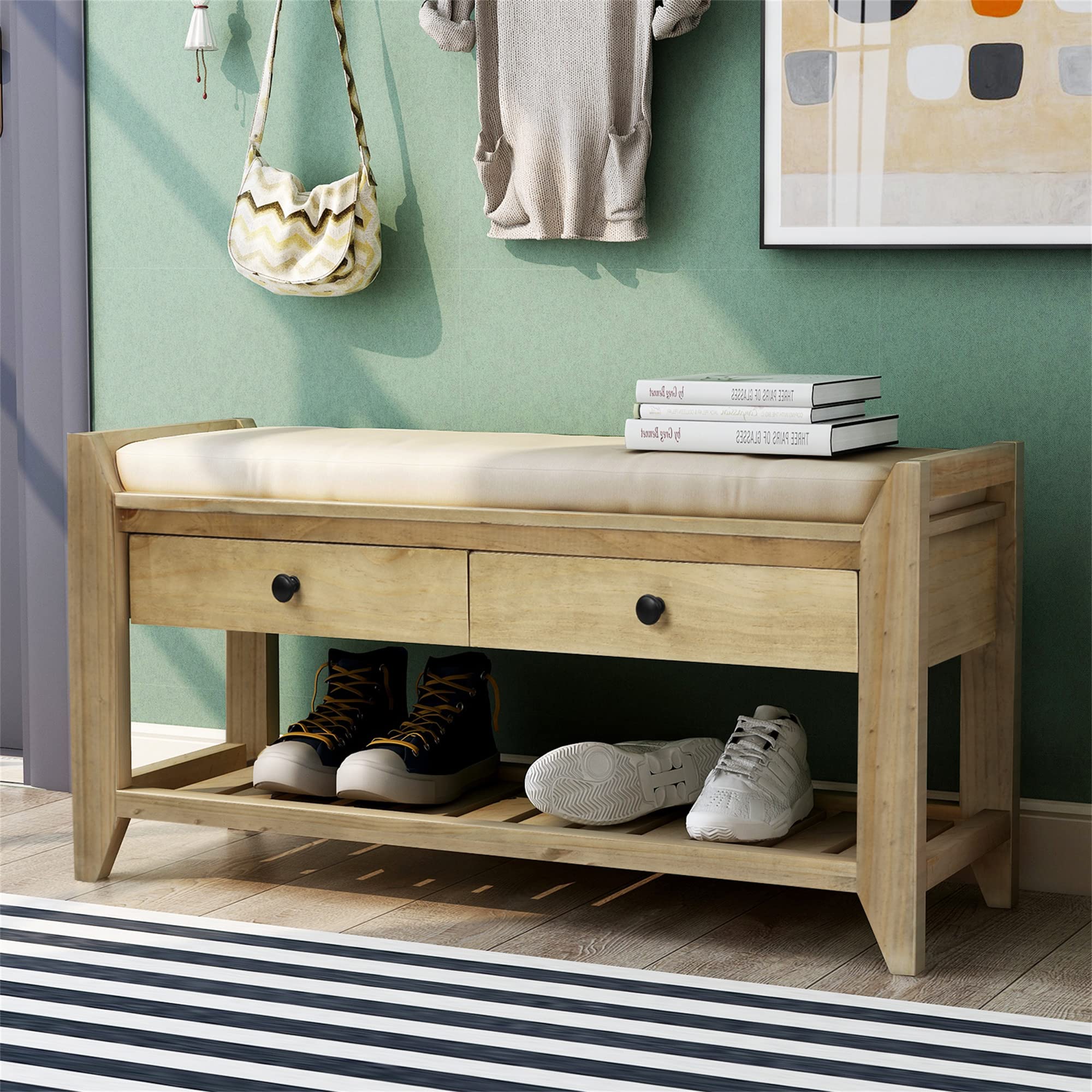 Multipurpose Shoe Storage Bench with Cushioned Seat & Drawers - Entryway Organizer for Living Room, Hallway | Grey Wash Finish | Perfect for Small Spaces & Home Organization