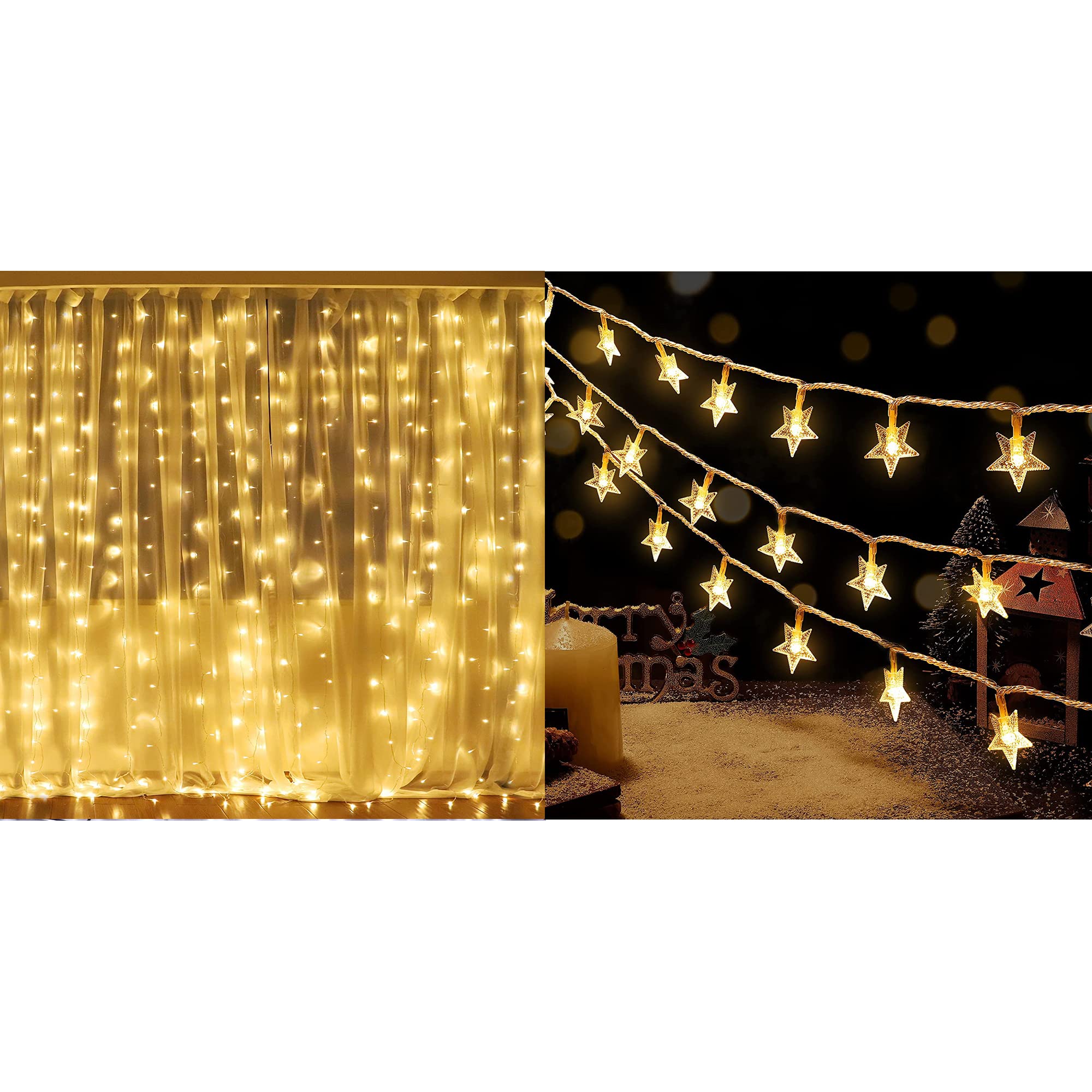 HEYFUNi Fiee Fairy 304 LED Curtain Lights - 9.8ft x 9.8ft Window Lights with 8 Lighting Modes & 100 LED 33ft Star String Lights (Warm White) - Perfect for Bedroom, Wedding, Party, and Outdoor Decor