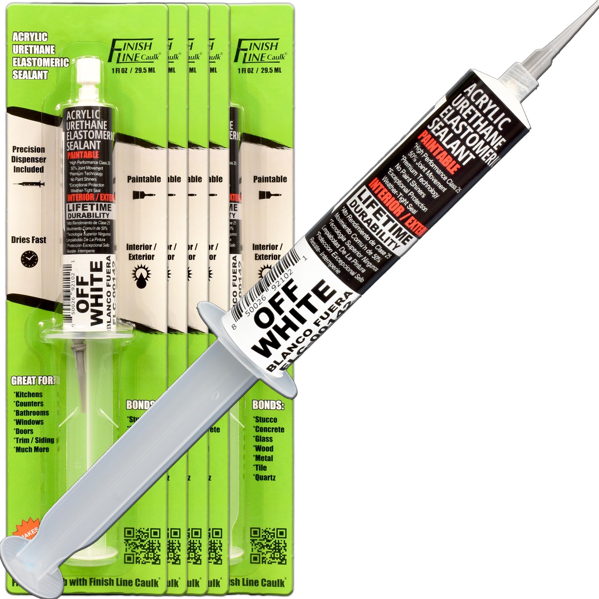 Pre-Filled Precision Caulk Gun - Off White (5 Pack) for Sealing, Waterproofing & DIY Home Repairs - Perfect for Bathrooms, Kitchens & Window Frames