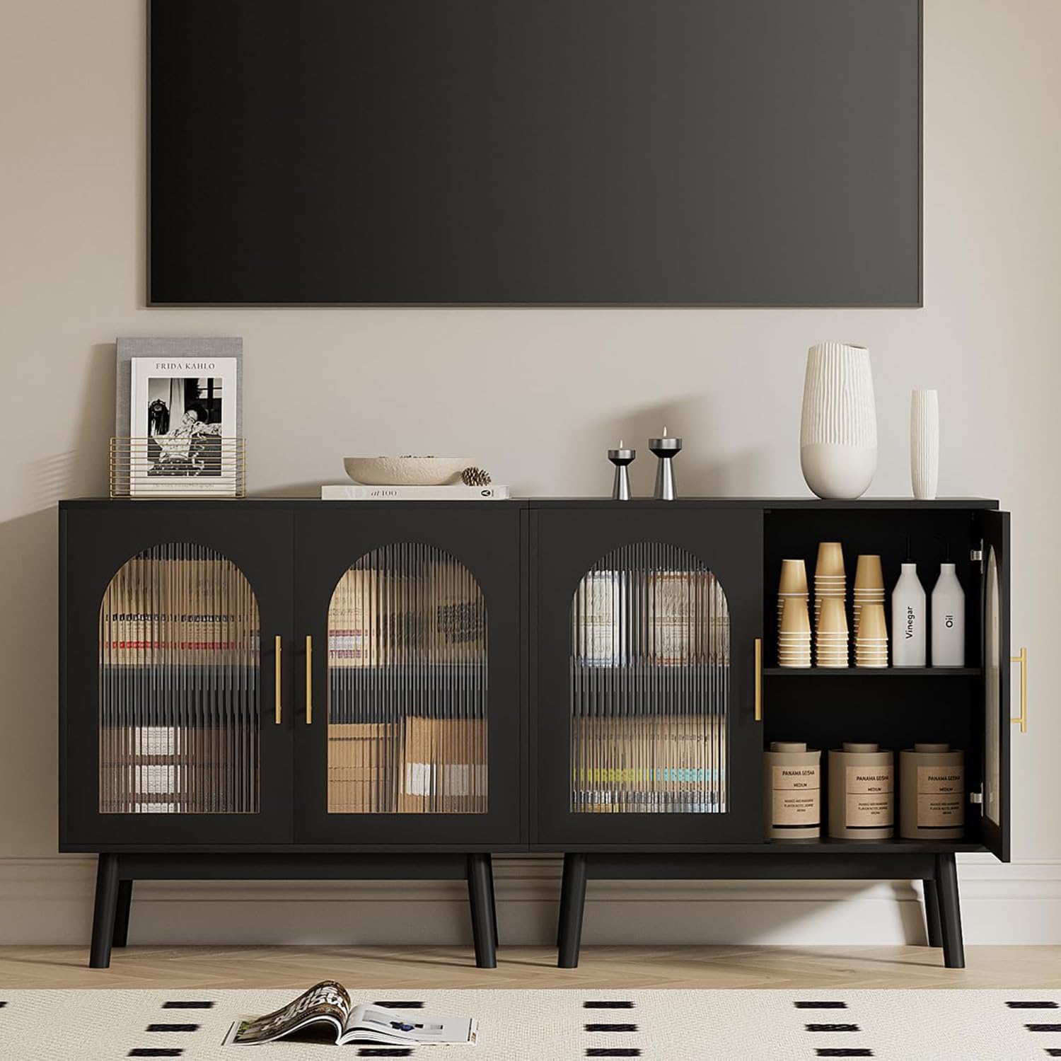 Modern Black Sideboard Buffet Cabinet with Glass Doors & Storage - Kitchen, Dining Room, Living Room Accent Furniture (Set of 2) | Perfect for Home Entryway, Hallway Organization & Stylish Display