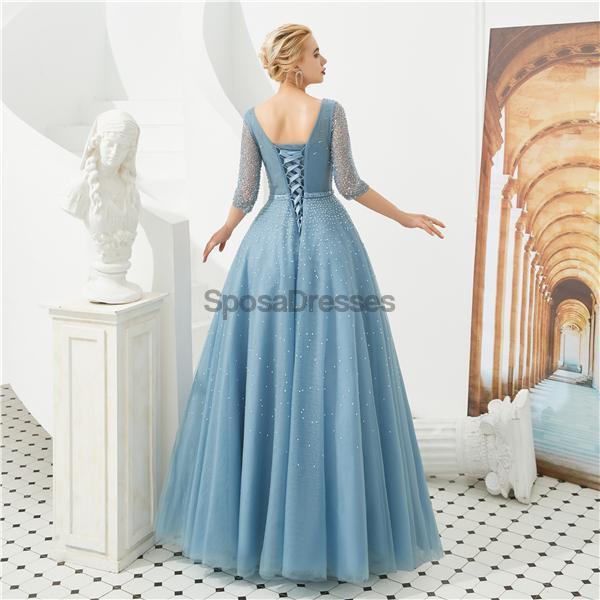 Elegant Blue Beaded Long Sleeve A-Line Prom Dress for Evening Parties & Formal Events | Perfect for Homecoming, Prom Night & Special Occasions