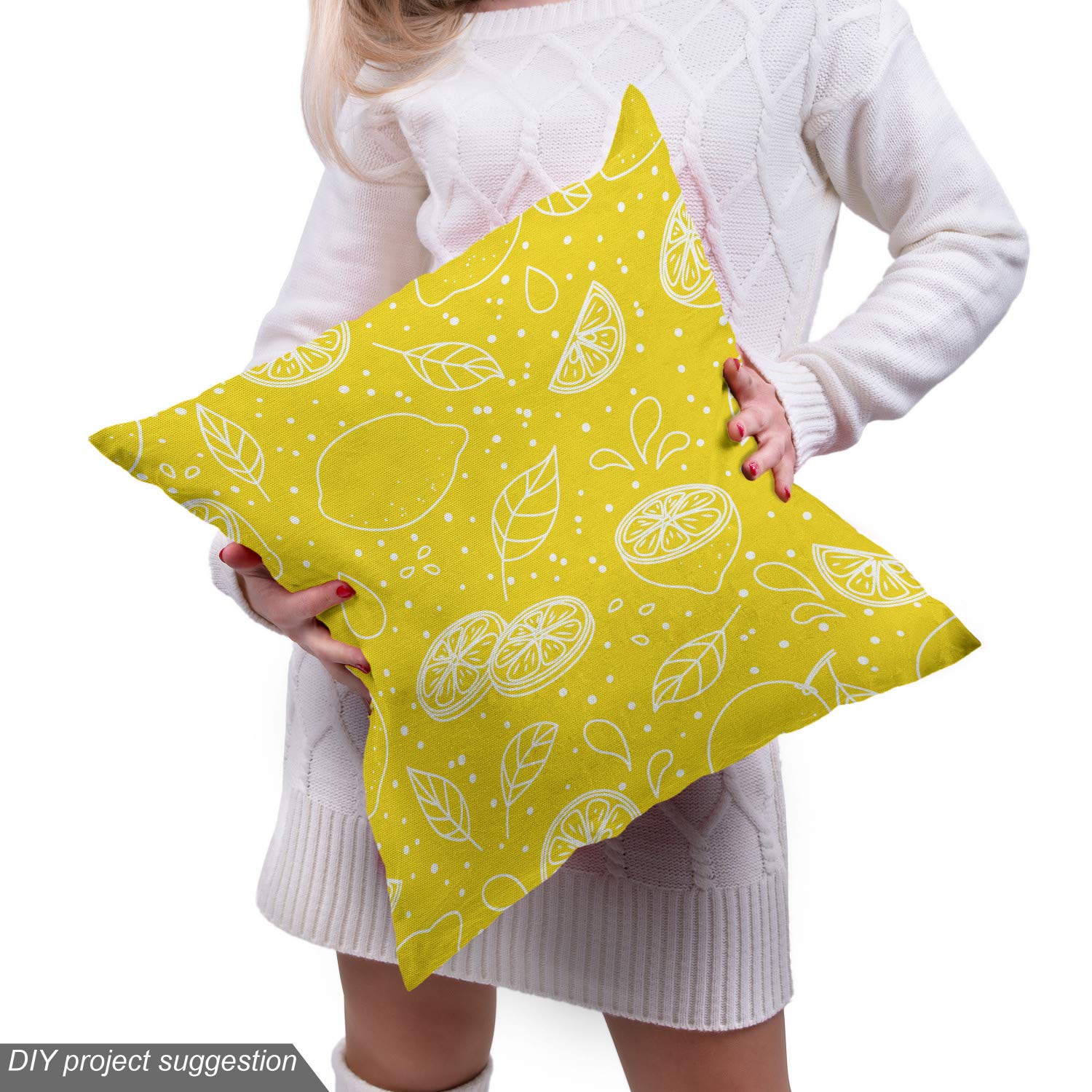 Ambesonne Yellow White Fabric - Lemons Leaves Design for Upholstery & Home Decor