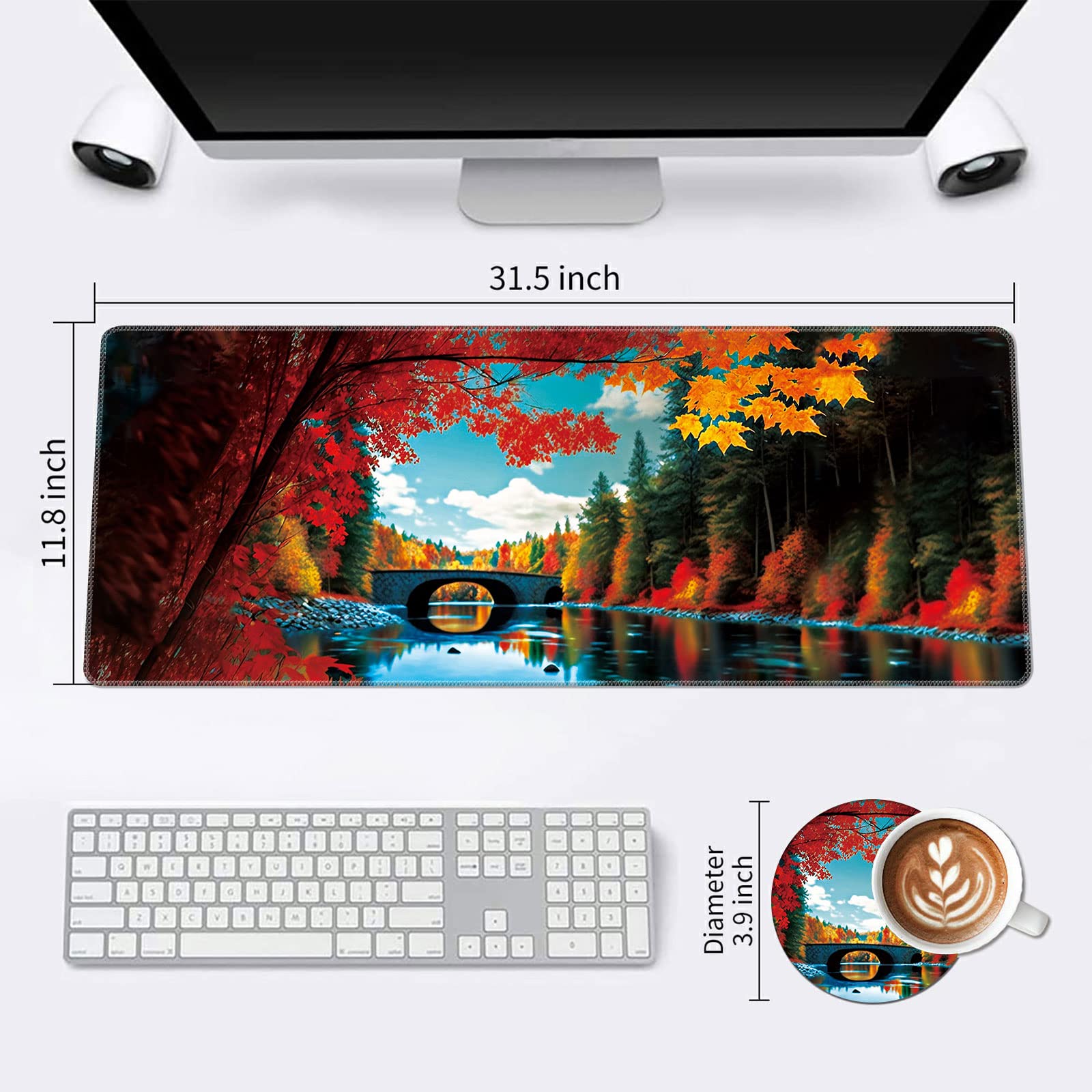 XXL Gaming Mouse Pad (31.5x11.8 Inch) - Extended Large Desk Mat with Non-Slip Base & Stitched Edges | Waterproof Keyboard Mousepad for PC, Laptop, Office & Gaming Setup | Red Maple Lake Design