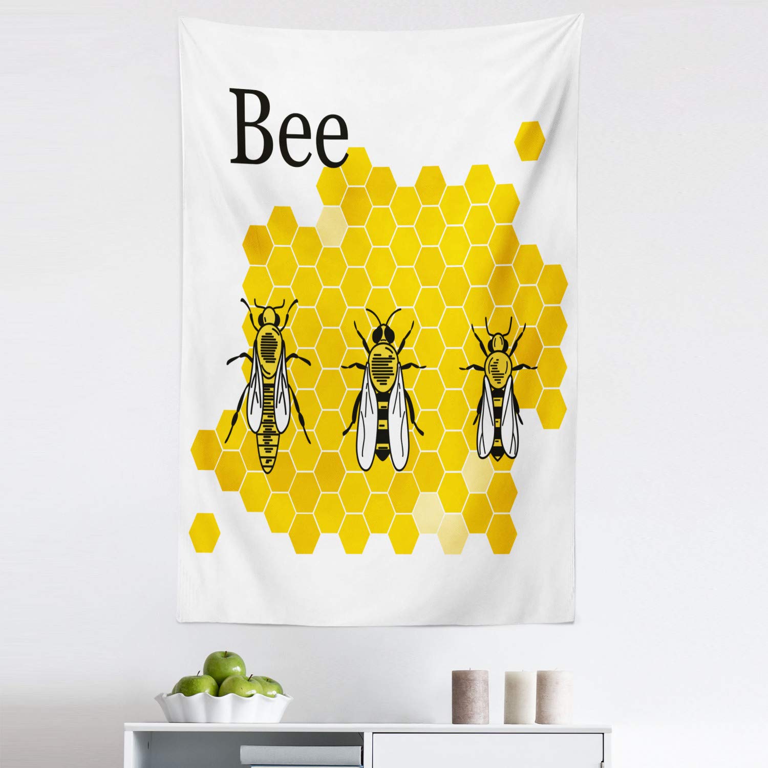 Ambesonne Queen Bee Tapestry King Size - Honeycomb Wall Hanging Bedspread with Computer Graphic Art of Queen Drone & Worker Bees - 30x45 Inch Earth Yellow Grey Home Decor for Bedroom, Living Room, Dorm