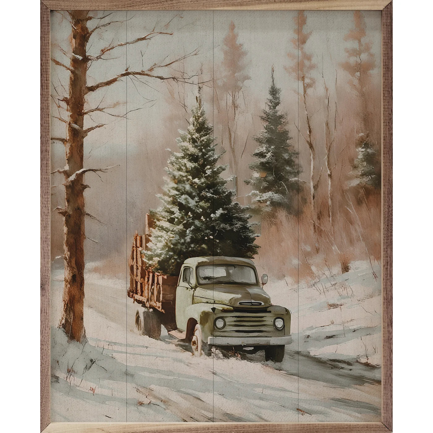Christmas Tree Delivery Truck Wood Framed Print - Holiday Wall Art Decor for Living Room, Bedroom & Office