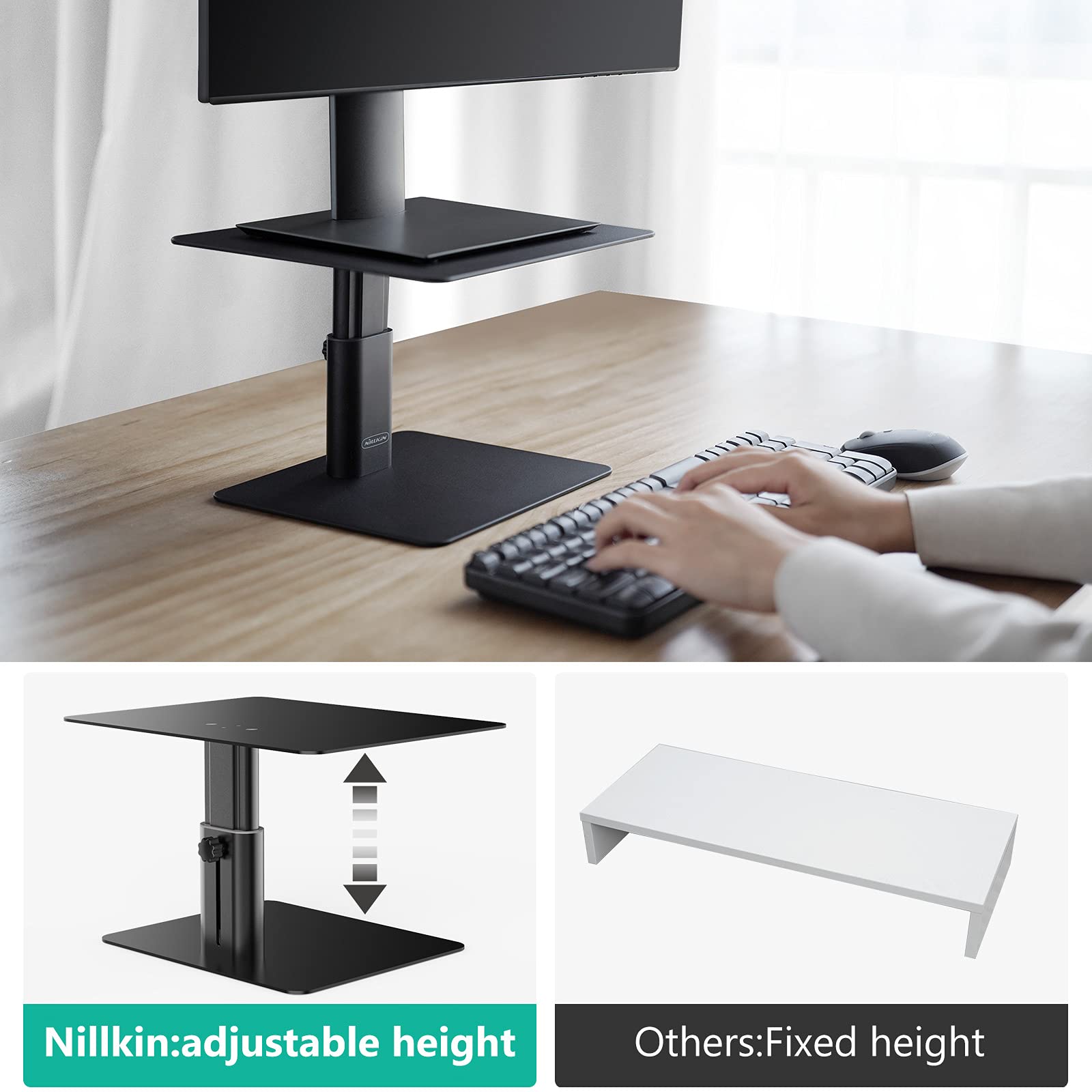 Nillkin Adjustable Height Monitor Stand Riser - Ergonomic Aluminum Computer Desk Holder for iMac, MacBook, Dell, HP, Lenovo & More - Perfect for Home Office & Workspace Setup (Black)