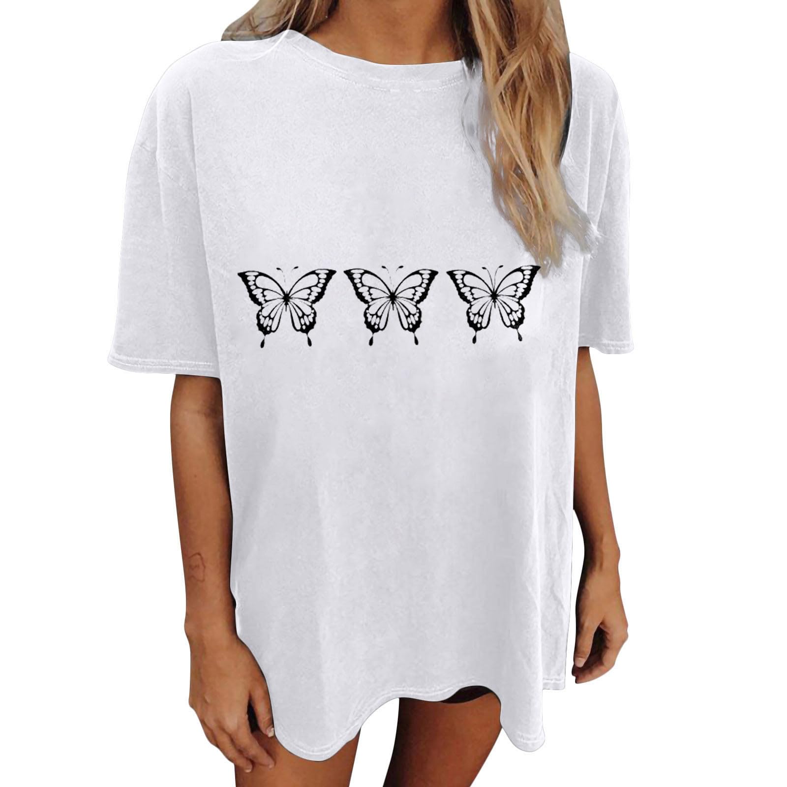 Women's Crew Neck Letter Print Butterfly Graphic Tee - Drop Shoulder Short Sleeve T-Shirt for Teen Girls | Summer Casual Wear, Street Style Outfits & Everyday Fashion