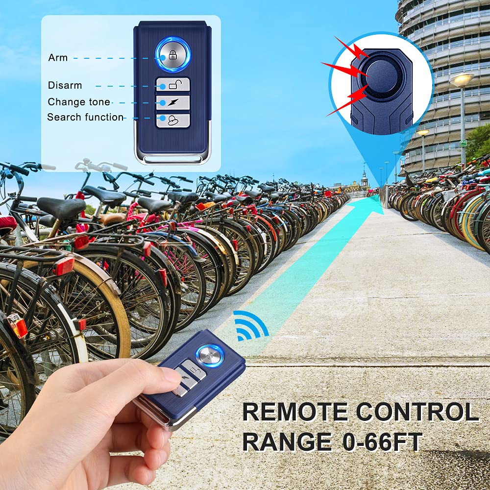 WSDCAM 113dB Wireless Bike Alarm - Anti-Theft Vibration & Motion Sensor Security System for Motorcycles & Bicycles - Waterproof Vehicle Alarm with Remote Control (No Heat Resistance) - Perfect for Parking Lots, Garages & Outdoor Protection