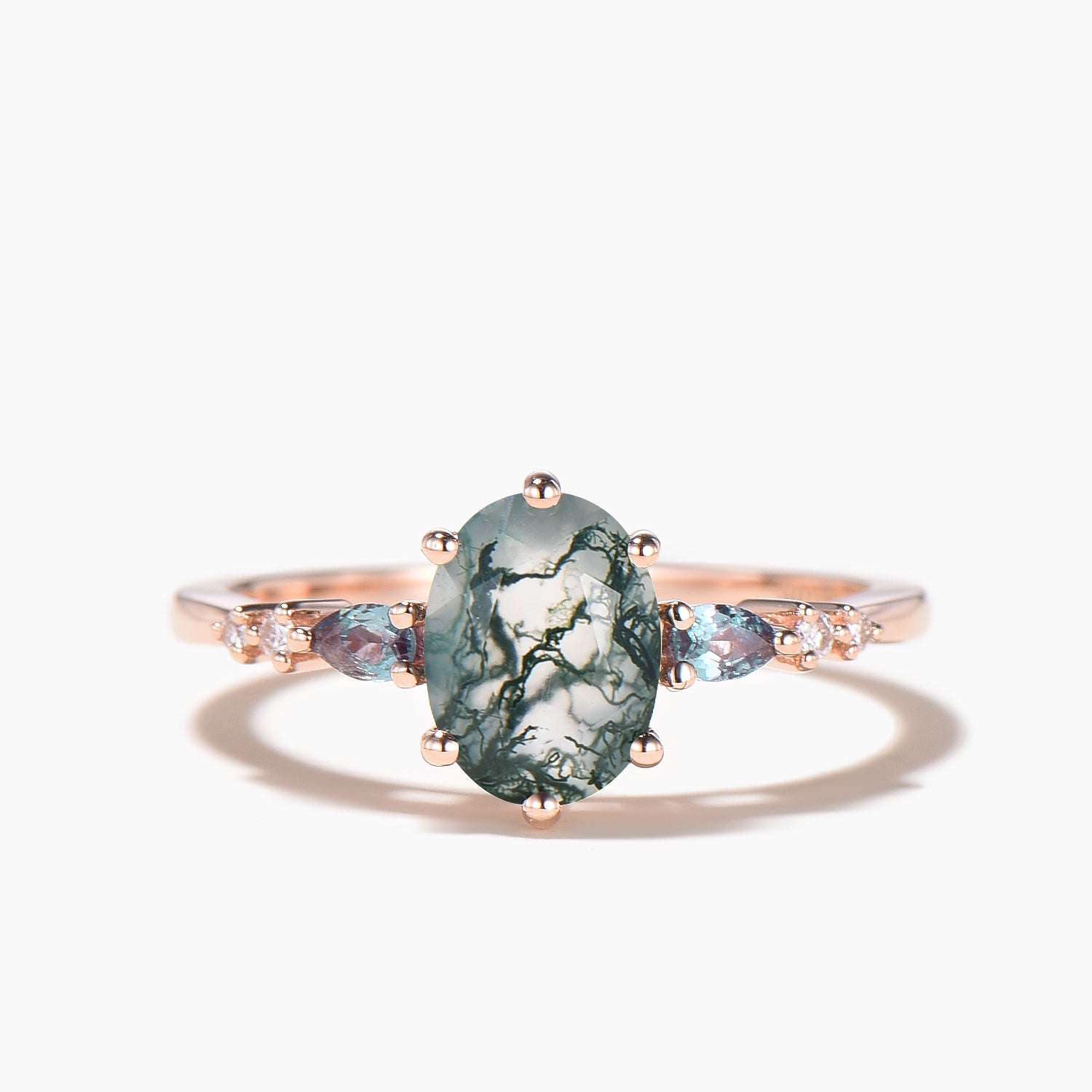 Natural Oval Cut Moss Agate Engagement Ring with Alexandrite & Diamond Accents - Wedding Band Enhancer for Bridal Jewelry & Special Occasions