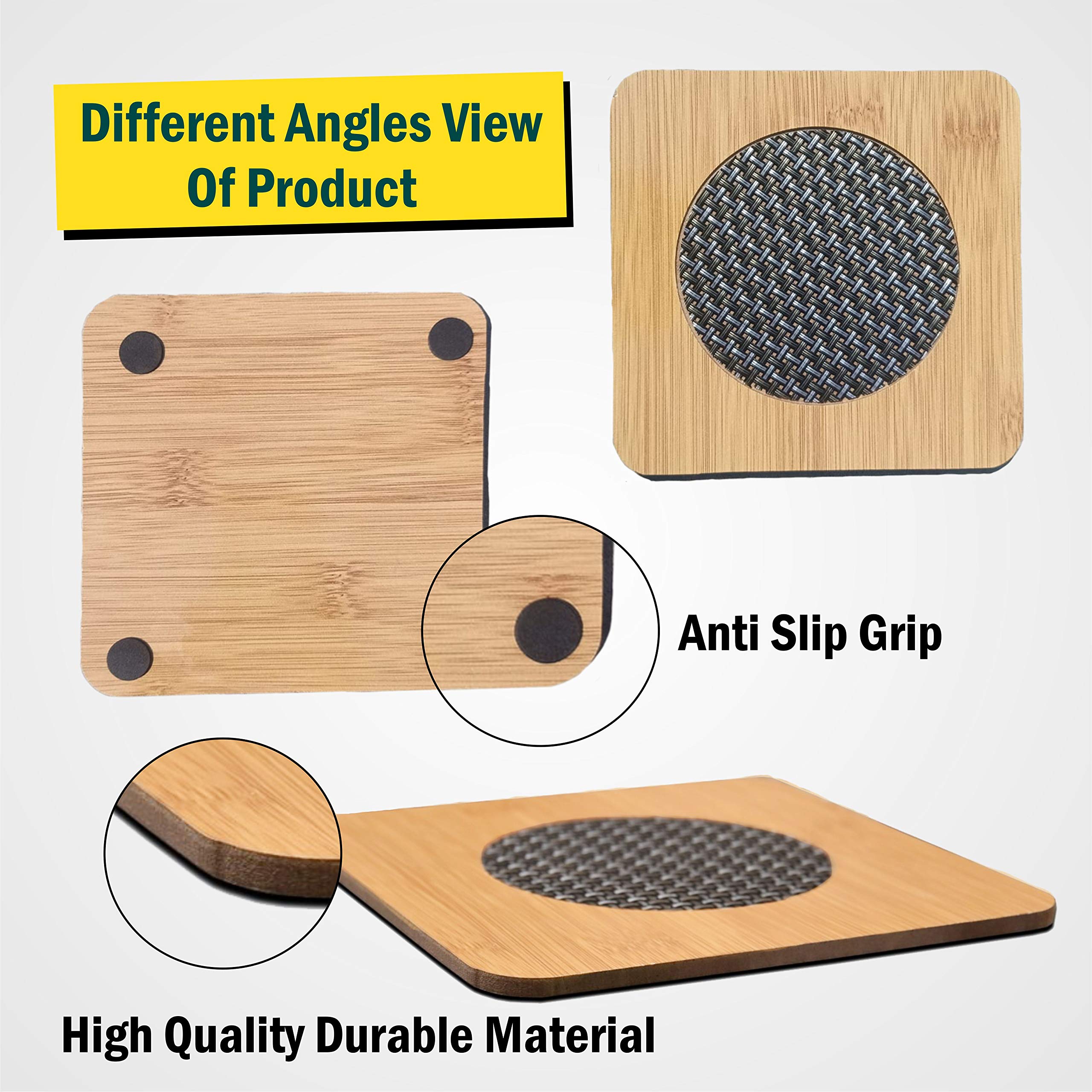 4-Piece Yellow Bamboo Wood Coasters Set - Heat Resistant Table Mats for Pans & Pots (15x15cm) - Perfect for Kitchen, Dining, and Outdoor BBQ Use