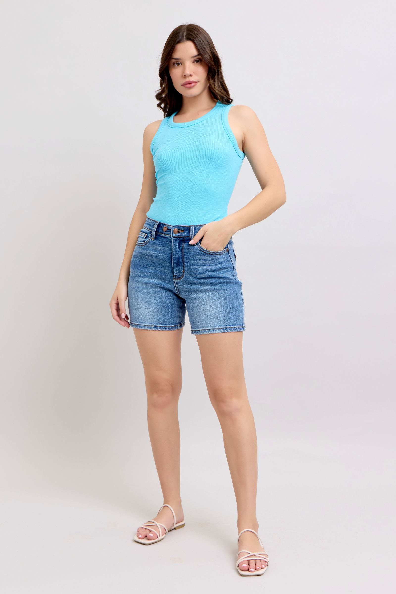 Judy Blue Women's High Waisted 2 Button Denim Shorts with Pockets - Comfortable Stretch Jeans for Summer, Casual Wear & Outfits