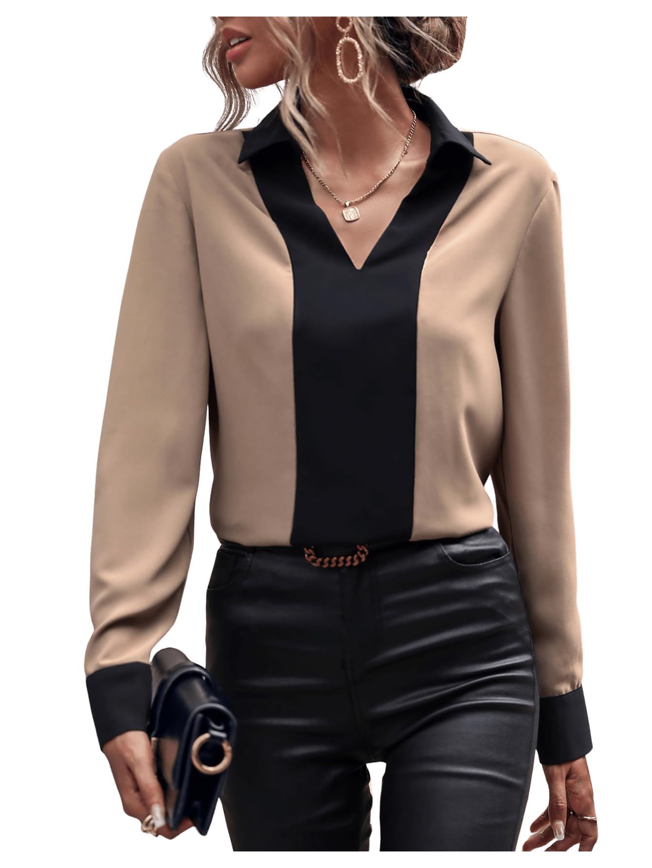 OYOANGLE Women's Colorblock V-Neck Long Sleeve Collared Shirt - Professional Office Blouse for Work, Business & Formal Occasions | Stylish Workwear Tops for Women | Perfect for Office, Meetings & Corporate Events