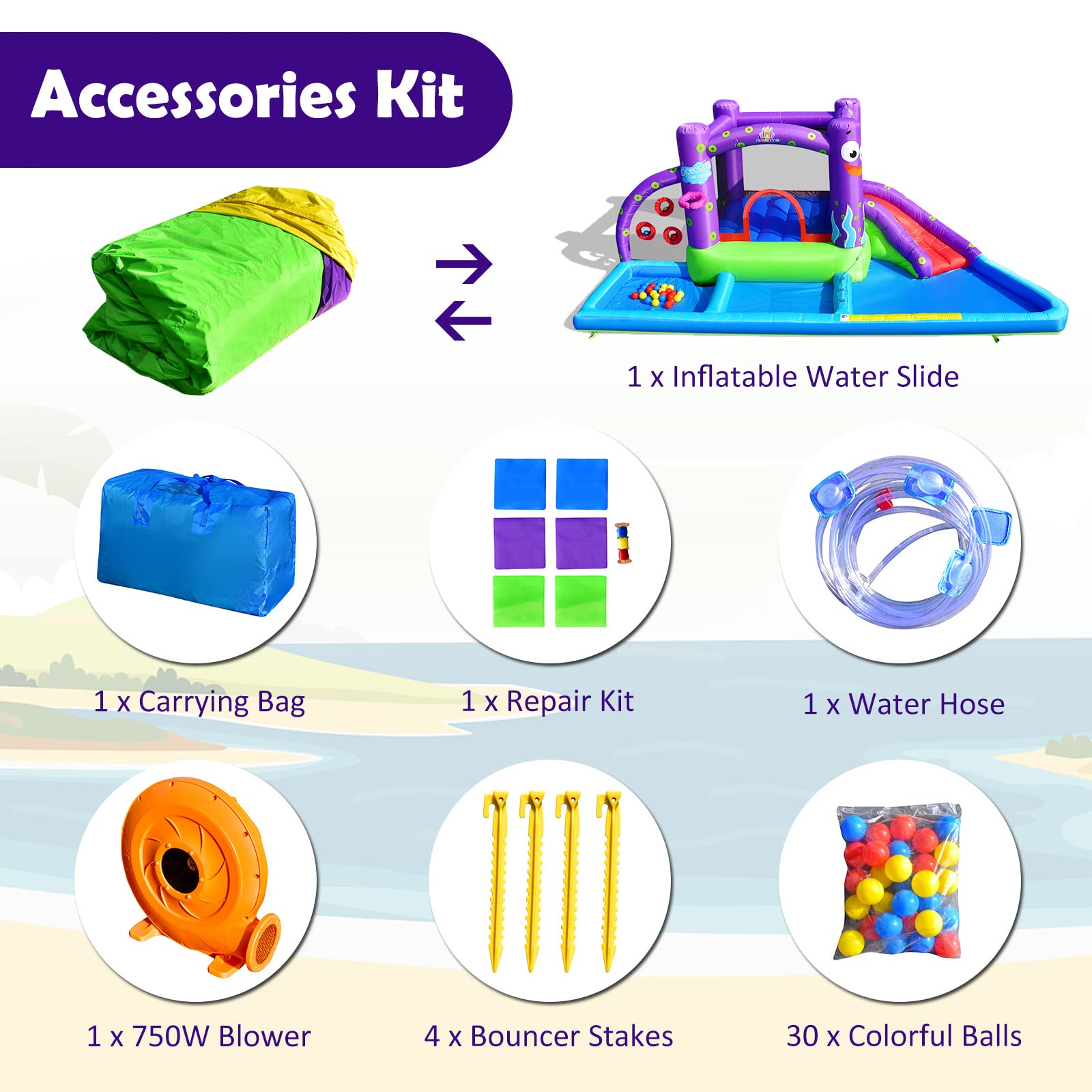 **HONEY JOY 6-in-1 Inflatable Water Slide & Bounce House with 750W Blower, Splash Pool, and Slide - Giant Outdoor Water Park for Kids & Adults - Perfect for Backyard Parties, Summer Fun, and Family Gatherings**