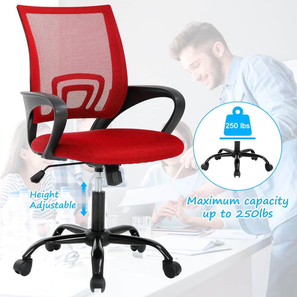 Ergonomic Mesh Office Chair with Lumbar Support - Adjustable Mid-Back Computer Desk Chair, Swivel Task Chair for Home & Executive Use, Red (Perfect for Long Work Hours & Back Pain Relief)