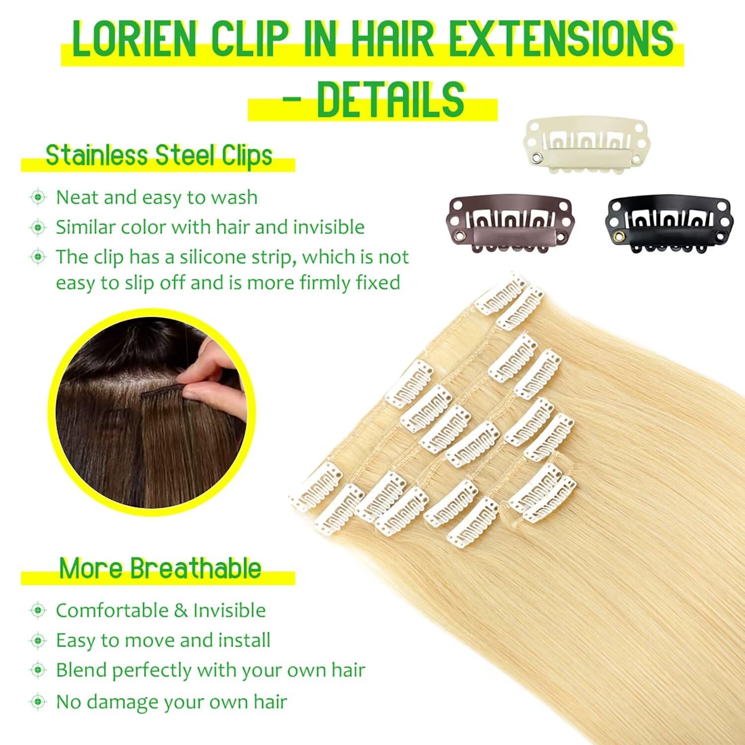 20 Inch 105g LORIEN Clip-in Human Hair Extensions - 100% Brazilian Remy Hair, 613 Bleach Blonde, 8pcs Set with 18 Double Weft Clips | Perfect for Volume, Length & Styling for Parties, Weddings & Daily Wear