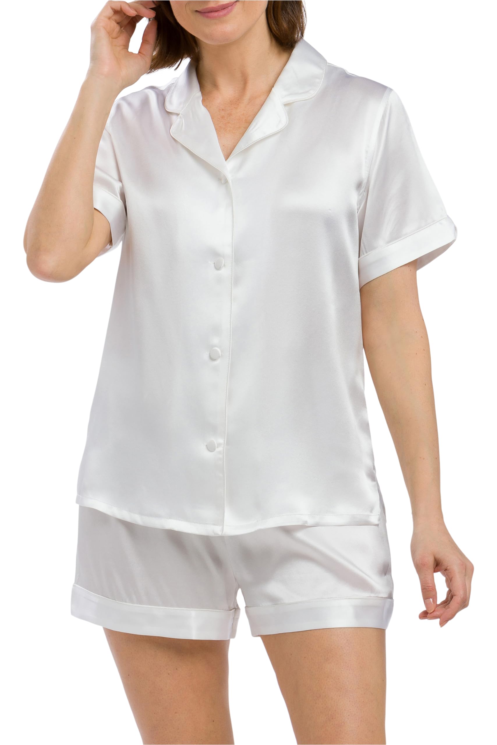 Fishers Finery 100% Mulberry Silk Pajama Set for Women - Soft Short Sleeve Sleepwear & Lounge Outfit - Perfect for Summer Nights, Spa Days and Relaxing at Home