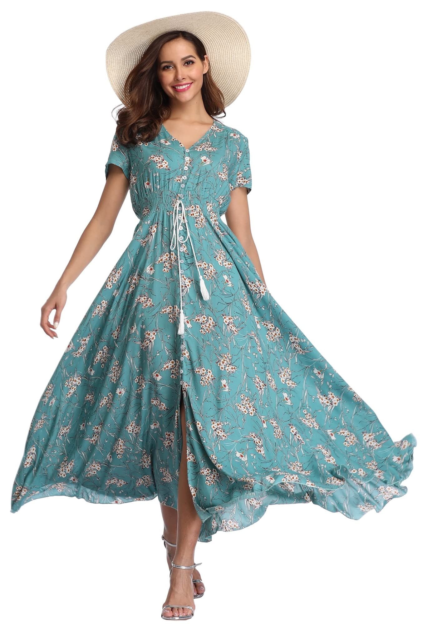 Ferrendo Women's Floral Maxi Dress - Button Up Boho Beach Dress with Side Slit & Flowy Design for Summer Parties, Vacations & Date Nights