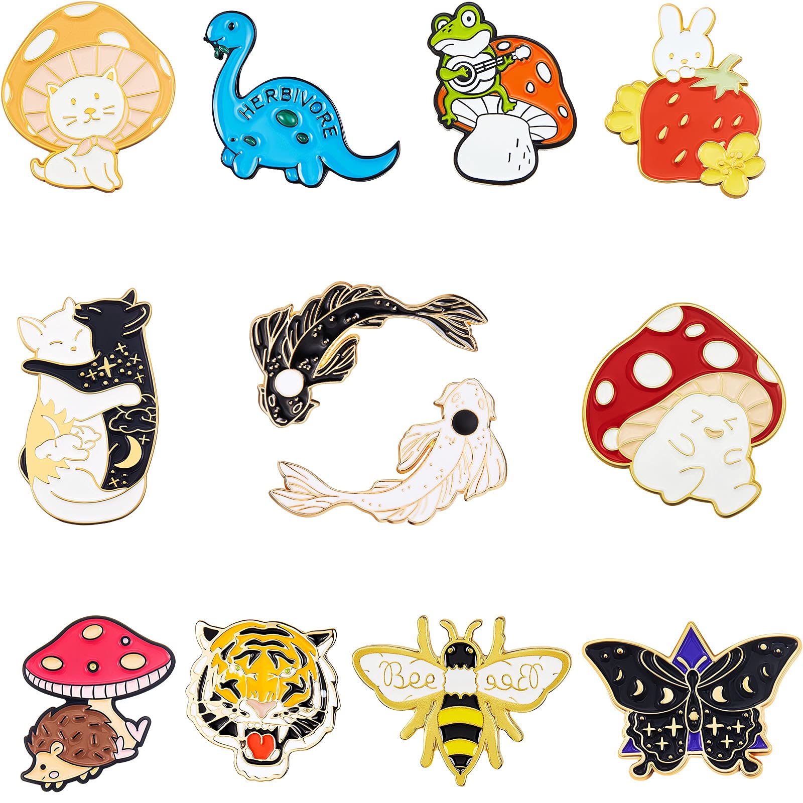 12-Piece Cute Animal Enamel Pins Set - Dinosaur, Fish, Rabbit, Bee Brooches for Backpacks, Jackets & Kids Clothes - DIY Fashion Accessories & Decoration for School, Travel & Everyday Wear
