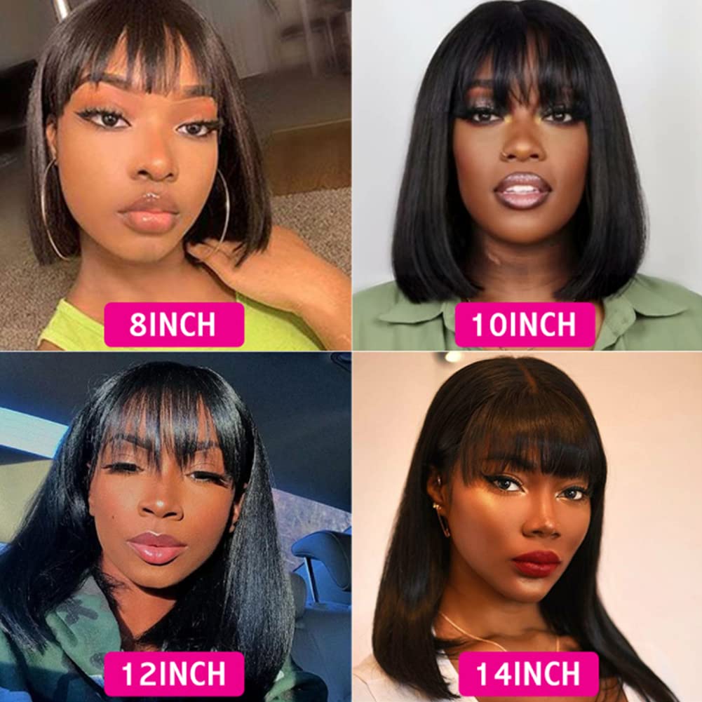 Royal Lady Brazilian Virgin Straight Short Bob Wigs with Bangs - 10 Inch Machine Made Human Hair Wigs for Women (Natural Color) | Perfect for Daily Wear, Cosplay & Fashion Styling