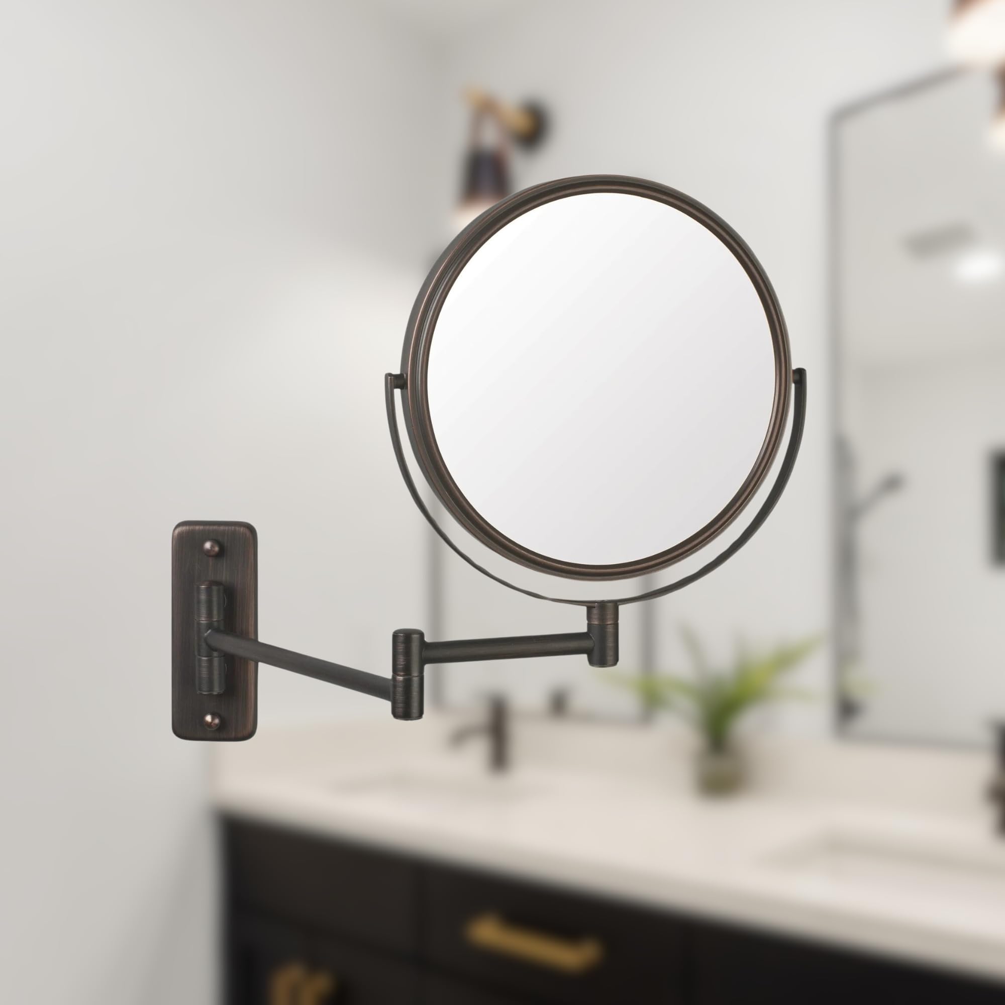 JERDON 8-Inch Two-Sided Wall-Mounted Makeup Mirror with 5X Magnification - Bronze Finish Vanity Mirror for Bathroom & Bedroom - Perfect for Makeup Application, Skincare Routine and Hair Styling - Model JP7506BZ