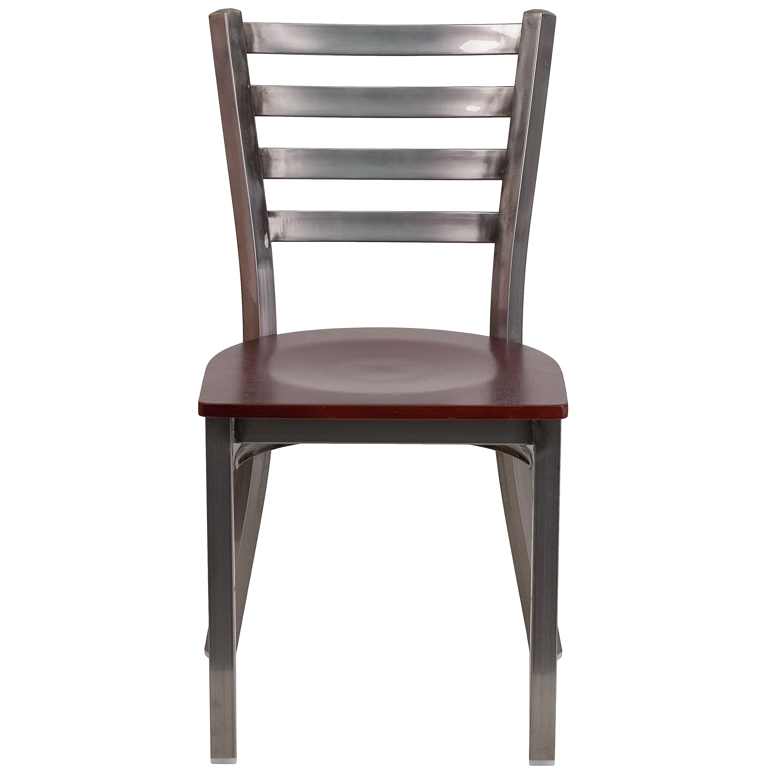 Flash Furniture HERCULES Series Clear Coated Ladder Back Metal Restaurant Chair with Mahogany Wood Seat - Commercial Dining, Kitchen, Bar & Cafe Use